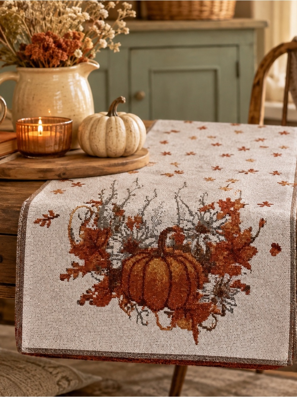 Pumpkin Tapestry Table Runner Autumn Thanksgiving Fall Earthtones NWT